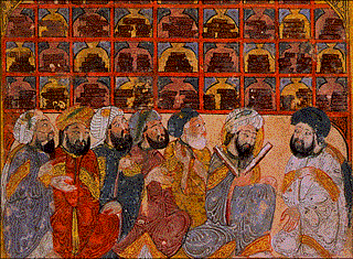 Scène d'étude et de recherche de musulmans dans une bibliothèque à Bassora en Irak, copiée et peinte par al-Wâsilî à Bagdad, 1236